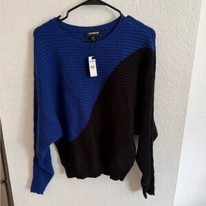 Express Women's Bold Blue and Black Crew Neck Sweater
